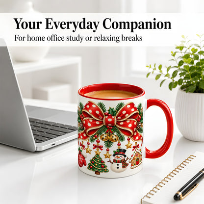 #pl[11oz|Red] Christmas Bow Ornaments Accent Mug, Ceramic Holiday Coffee Cup