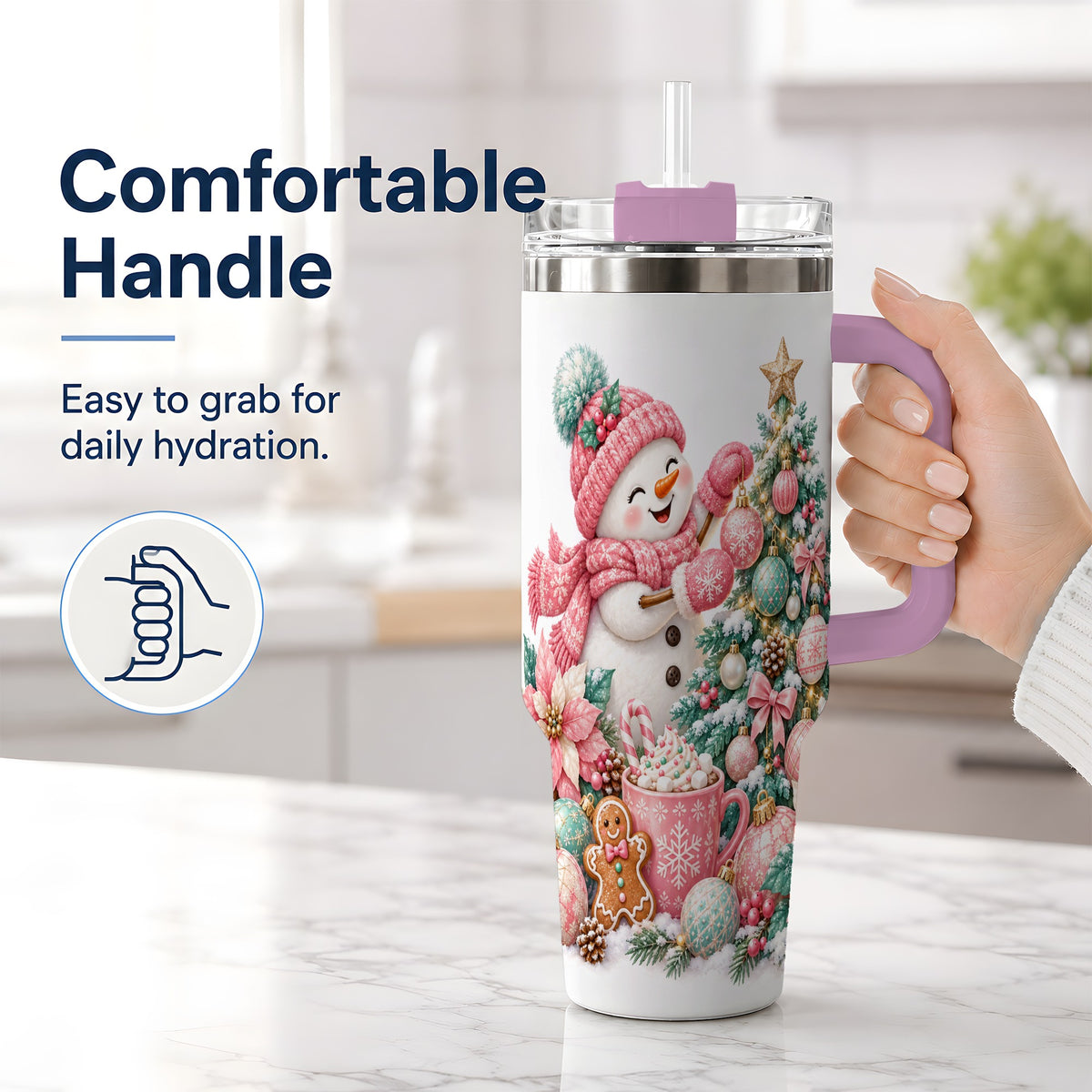#pl[40oz|Pink] Pink Snowman Christmas Handled Tumbler, 40oz Winter Drinkware