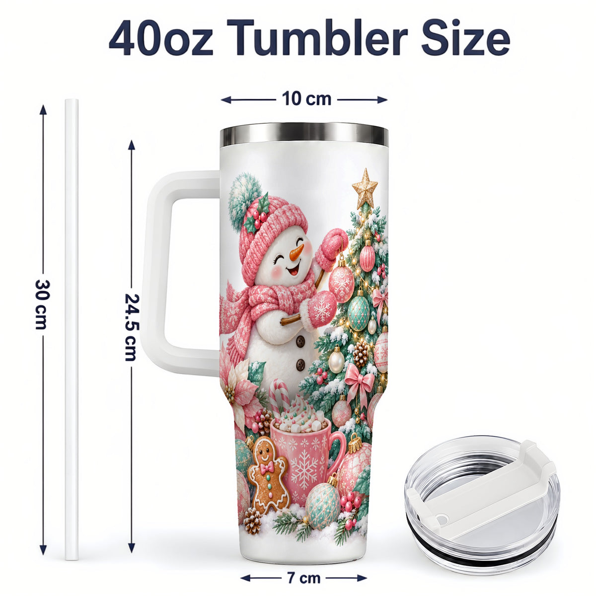 #pl[40oz|White] Pink Snowman Christmas Handled Tumbler, 40oz Winter Drinkware
