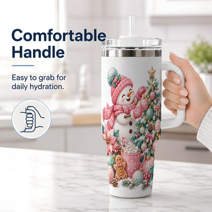 #pl[40oz|White] Pink Snowman Christmas Handled Tumbler, 40oz Winter Drinkware