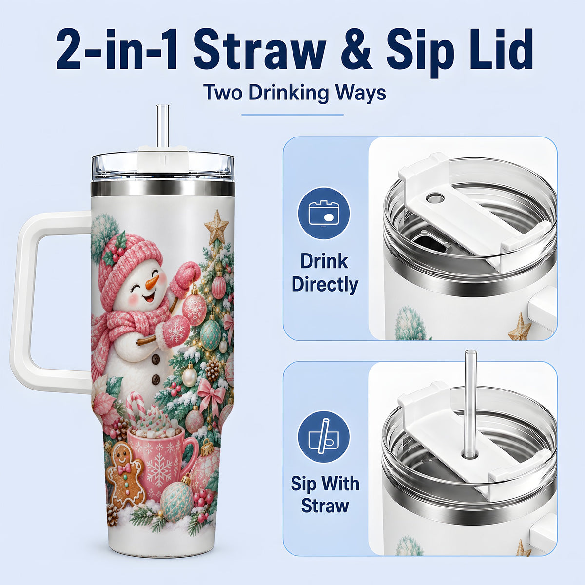 #pl[40oz|White] Pink Snowman Christmas Handled Tumbler, 40oz Winter Drinkware