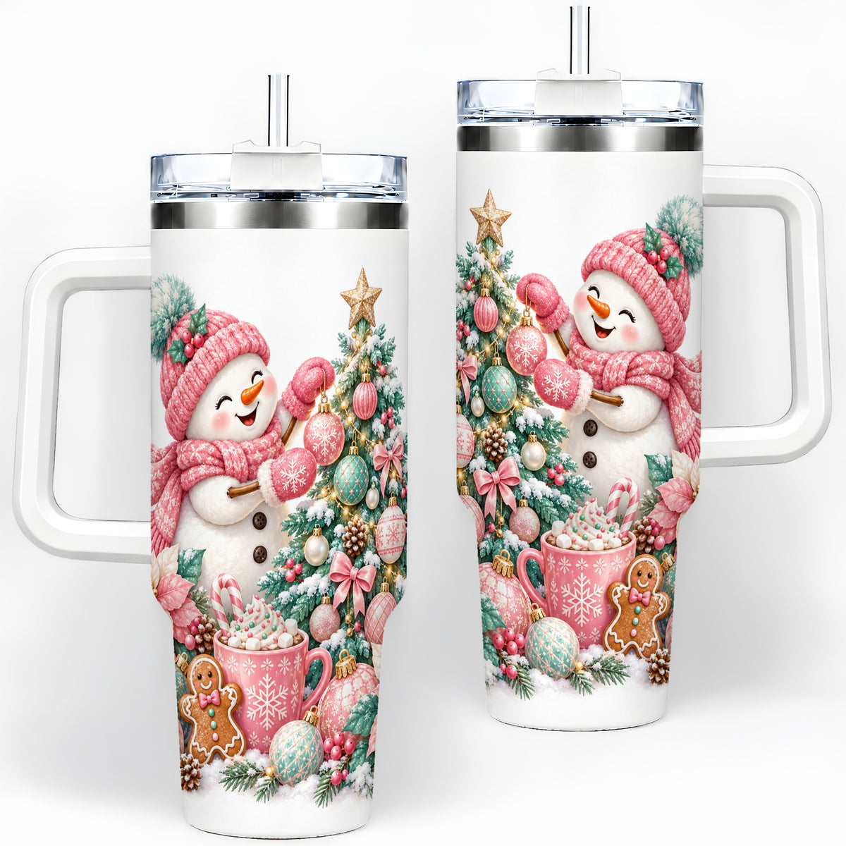 Pink Snowman Christmas Handled Tumbler, 40oz Winter Drinkware