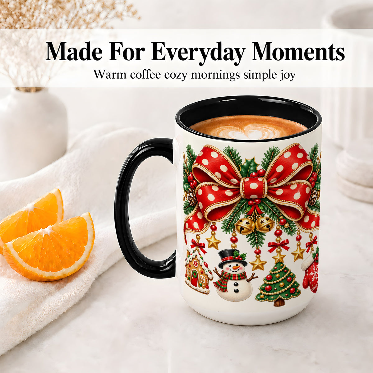 #pl[15oz|Black] Christmas Bow Ornaments Accent Mug, Ceramic Holiday Coffee Cup