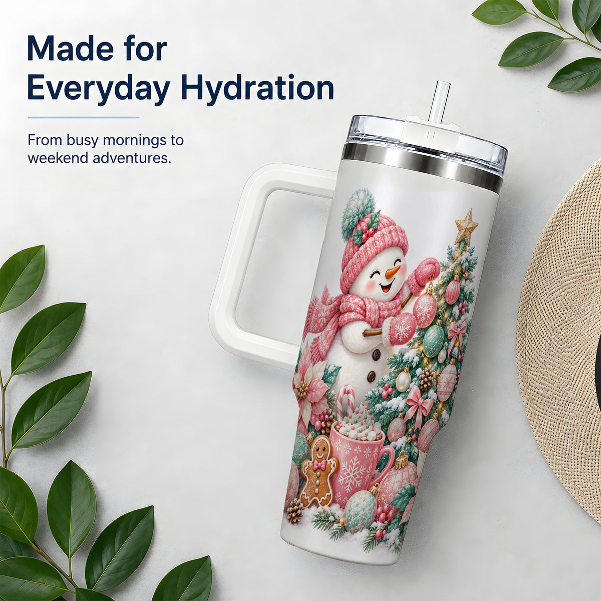 Pink Snowman Christmas Handled Tumbler, 40oz Winter Drinkware