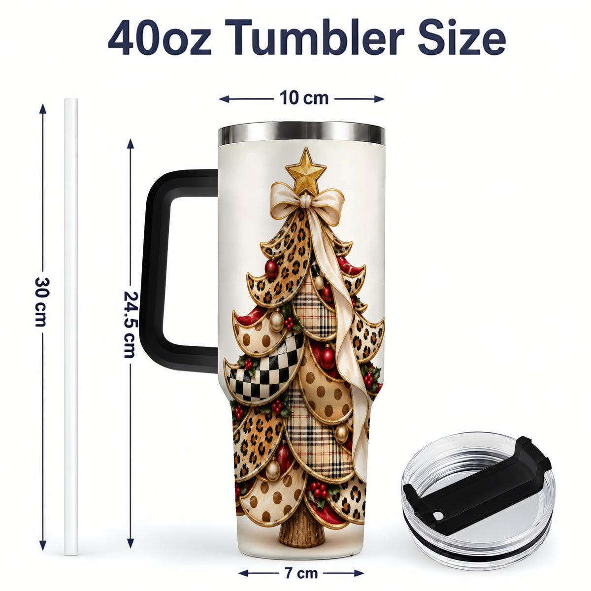 #pl[40oz|Black] Leopard Print Christmas Tree Handled Tumbler, 40oz Holiday Drinkware