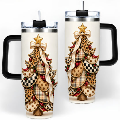 #pl[40oz|Black] Leopard Print Christmas Tree Handled Tumbler, 40oz Holiday Drinkware