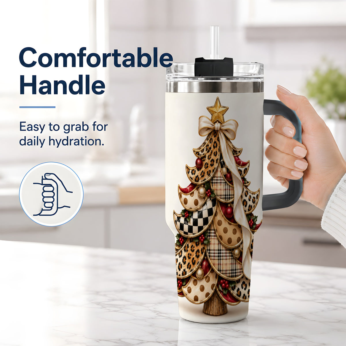 #pl[40oz|Black] Leopard Print Christmas Tree Handled Tumbler, 40oz Holiday Drinkware