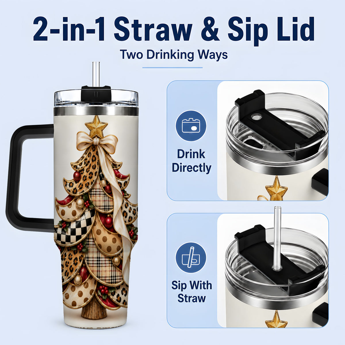 #pl[40oz|Black] Leopard Print Christmas Tree Handled Tumbler, 40oz Holiday Drinkware