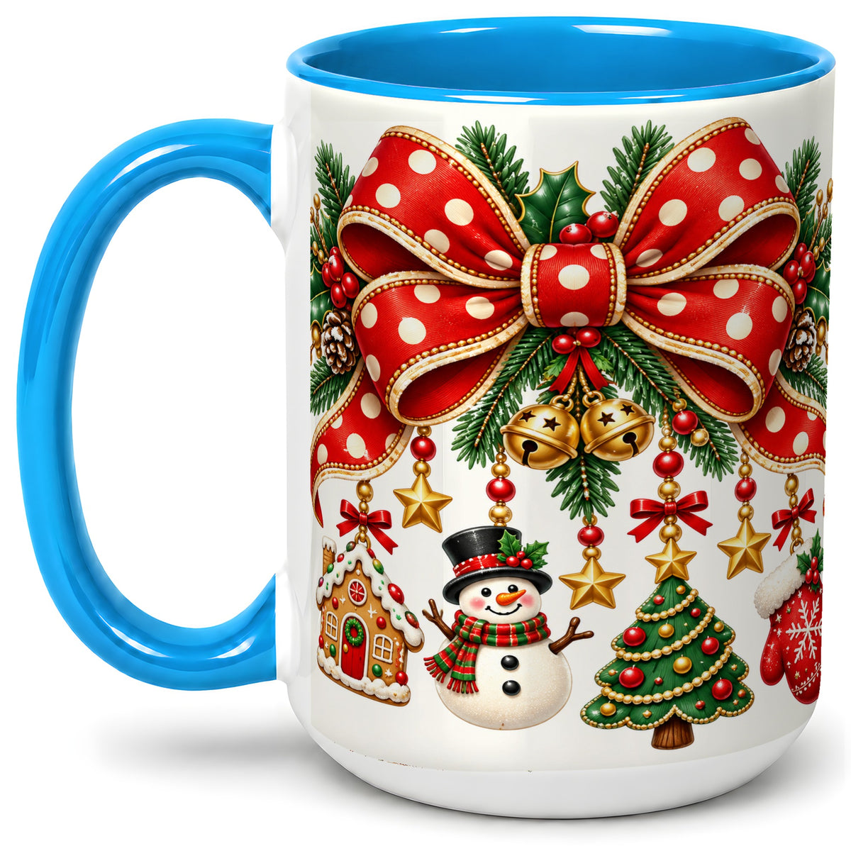 #pl[15oz|Blue] Christmas Bow Ornaments Accent Mug, Ceramic Holiday Coffee Cup