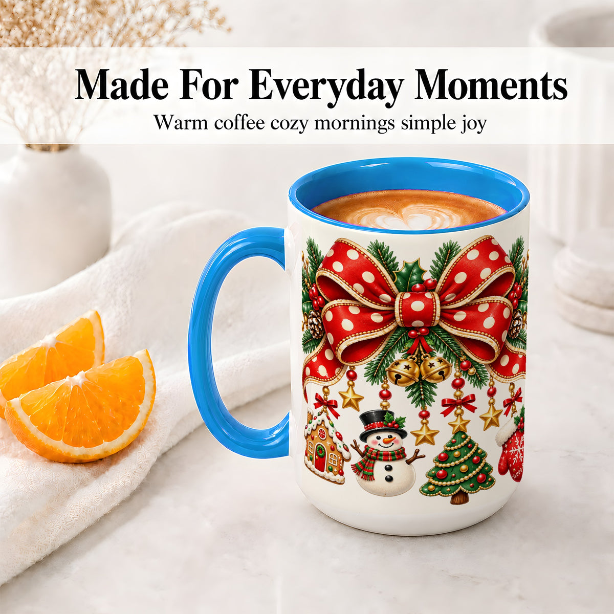 #pl[15oz|Blue] Christmas Bow Ornaments Accent Mug, Ceramic Holiday Coffee Cup