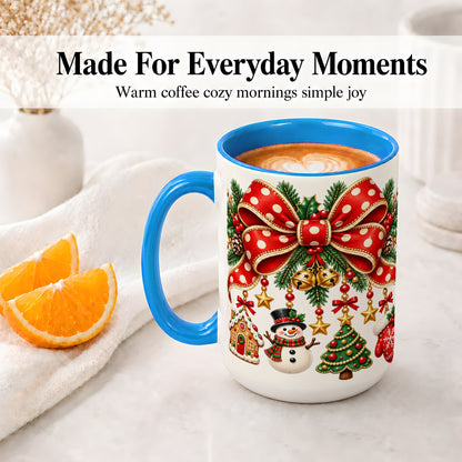 #pl[15oz|Blue] Christmas Bow Ornaments Accent Mug, Ceramic Holiday Coffee Cup