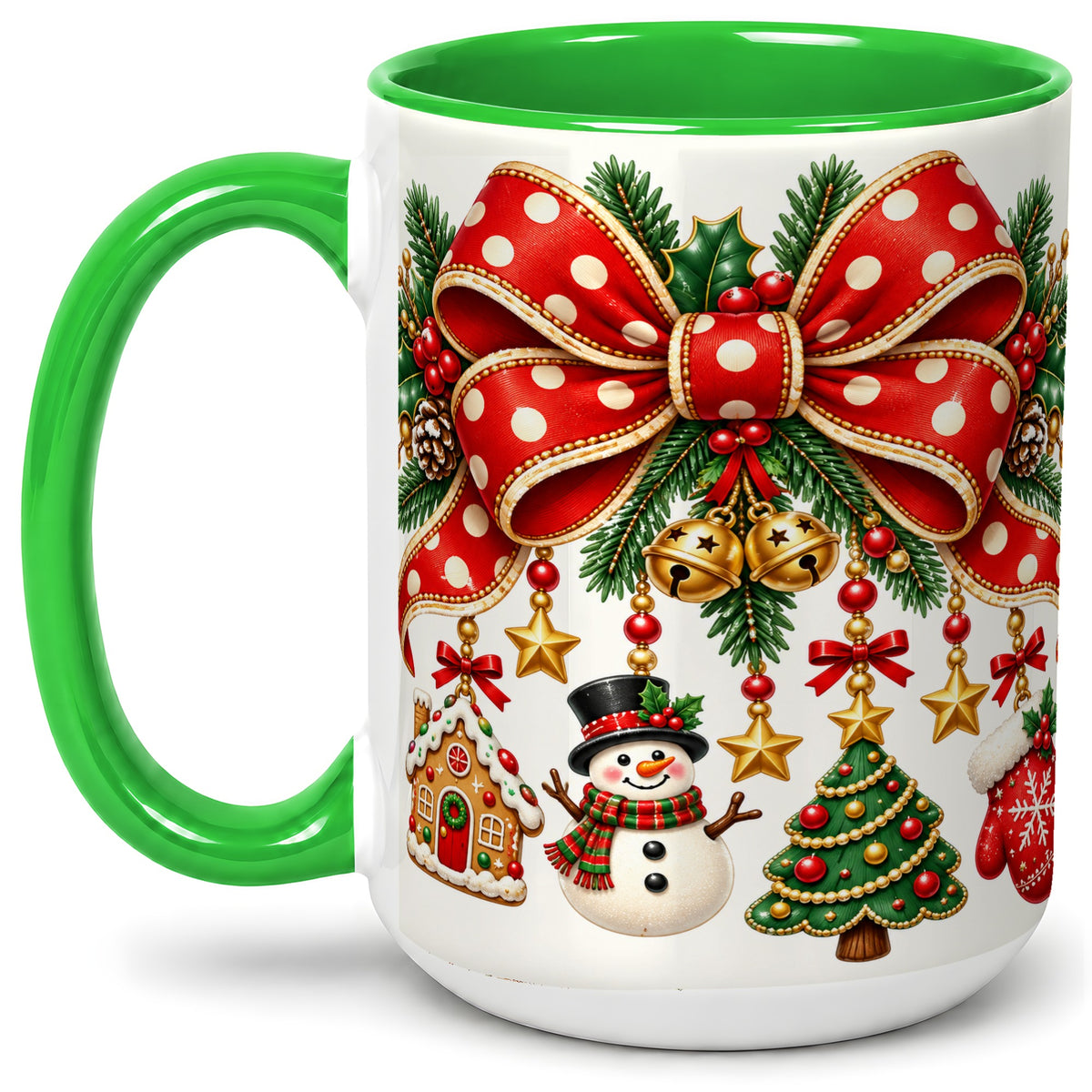 #pl[15oz|Green] Christmas Bow Ornaments Accent Mug, Ceramic Holiday Coffee Cup