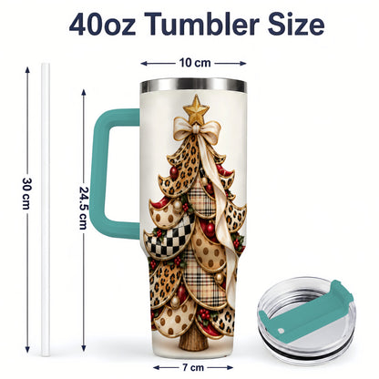 #pl[40oz|Green] Leopard Print Christmas Tree Handled Tumbler, 40oz Holiday Drinkware
