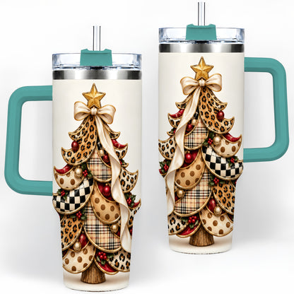 #pl[40oz|Green] Leopard Print Christmas Tree Handled Tumbler, 40oz Holiday Drinkware