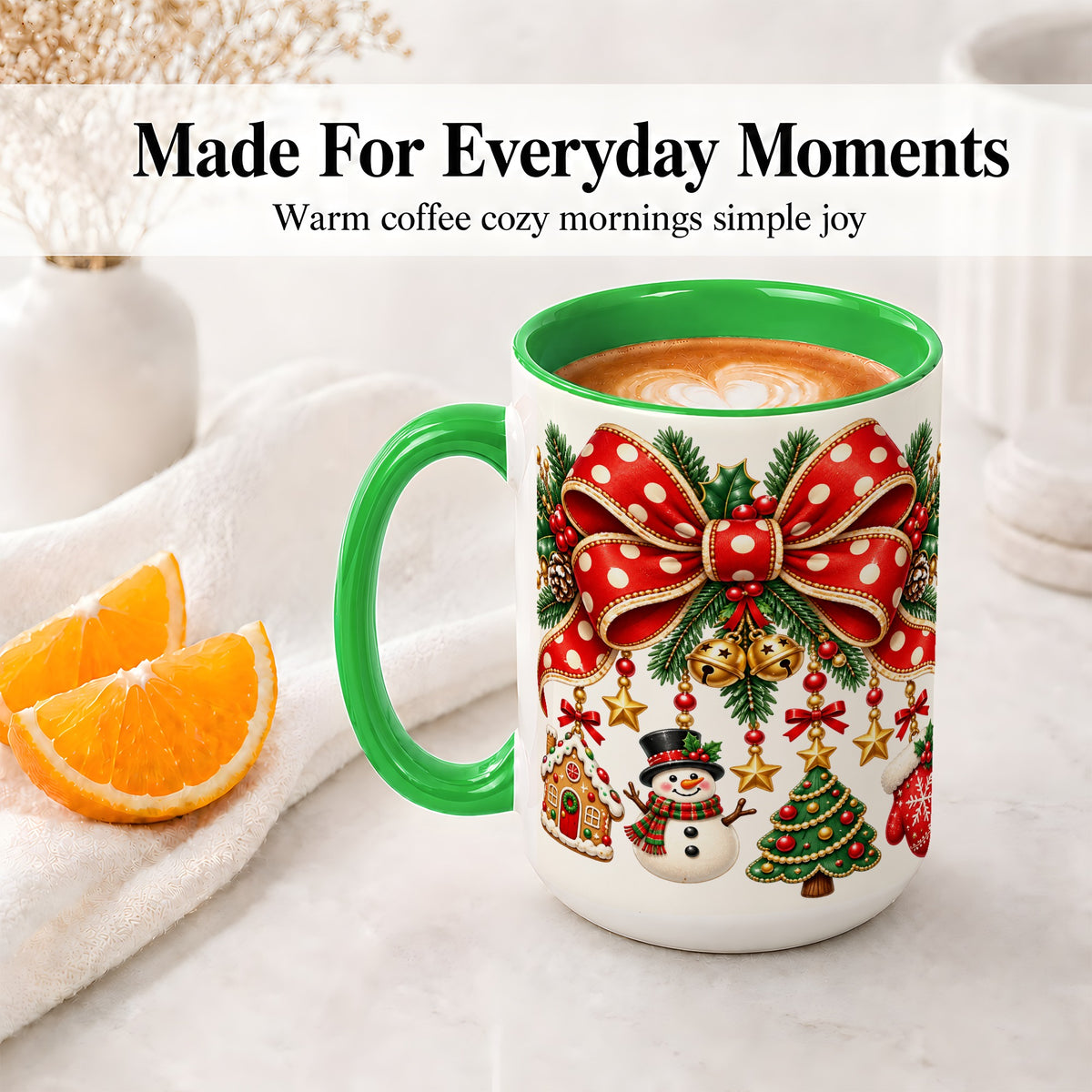 #pl[15oz|Green] Christmas Bow Ornaments Accent Mug, Ceramic Holiday Coffee Cup