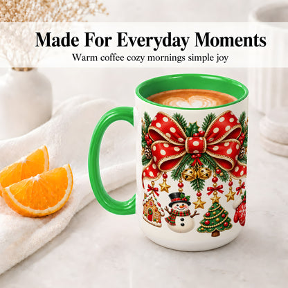 #pl[15oz|Green] Christmas Bow Ornaments Accent Mug, Ceramic Holiday Coffee Cup
