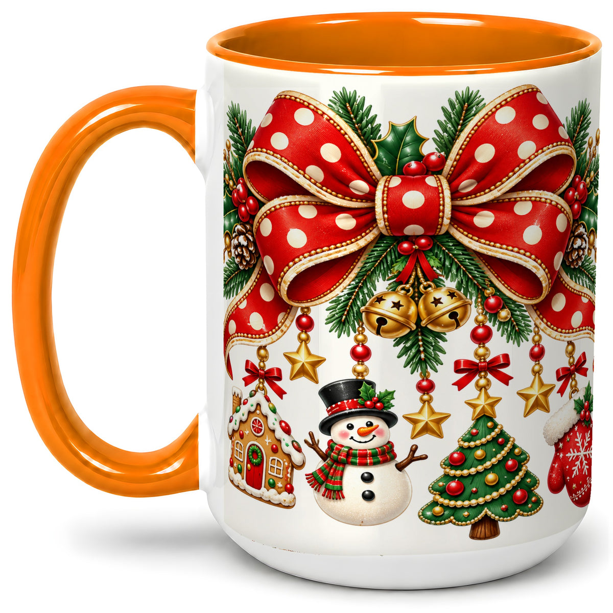 #pl[15oz|Orange] Christmas Bow Ornaments Accent Mug, Ceramic Holiday Coffee Cup