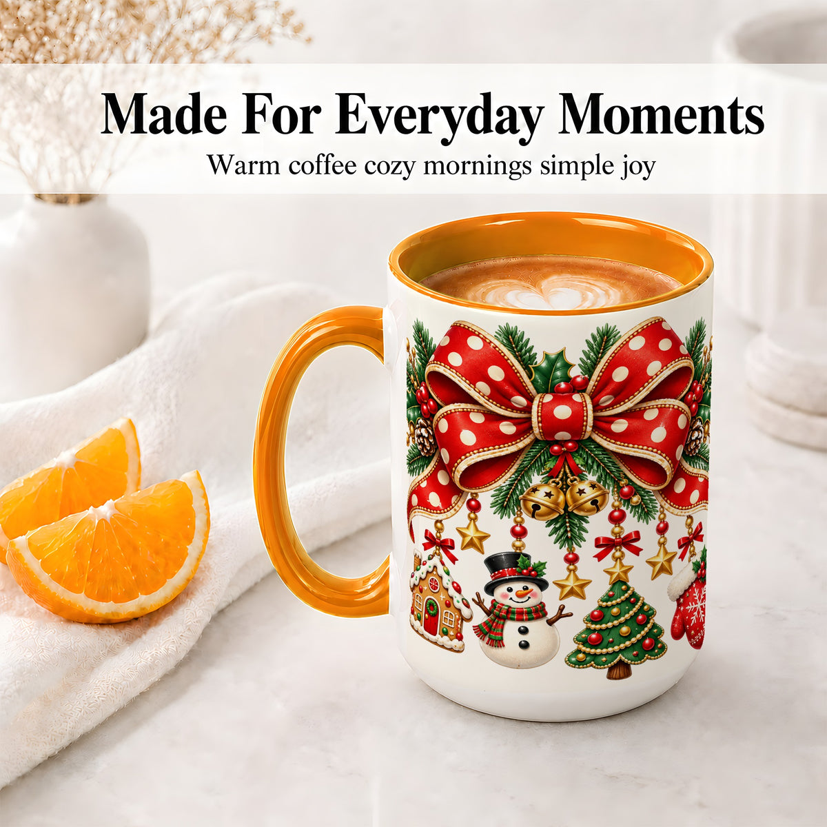 #pl[15oz|Orange] Christmas Bow Ornaments Accent Mug, Ceramic Holiday Coffee Cup