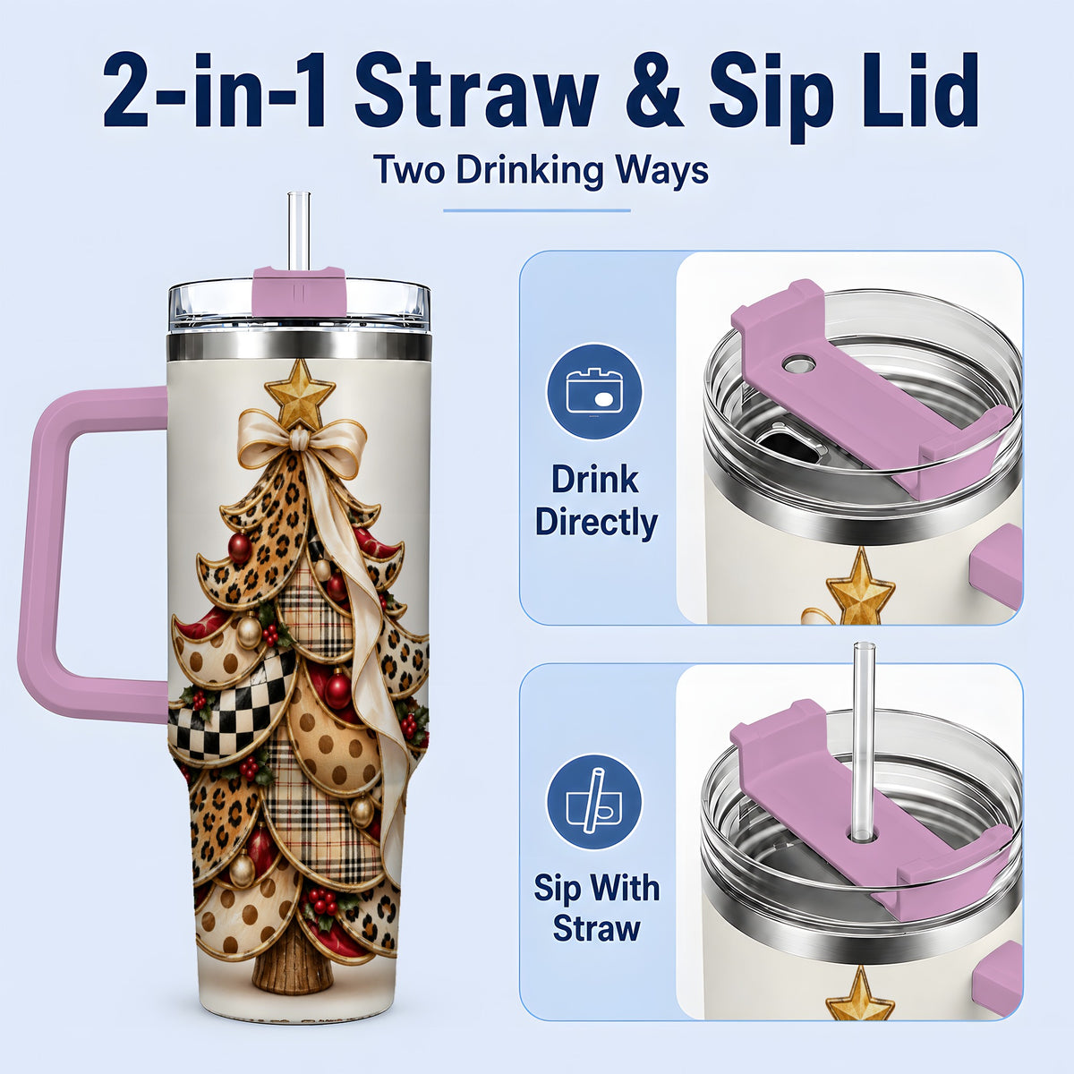 #pl[40oz|Pink] Leopard Print Christmas Tree Handled Tumbler, 40oz Holiday Drinkware