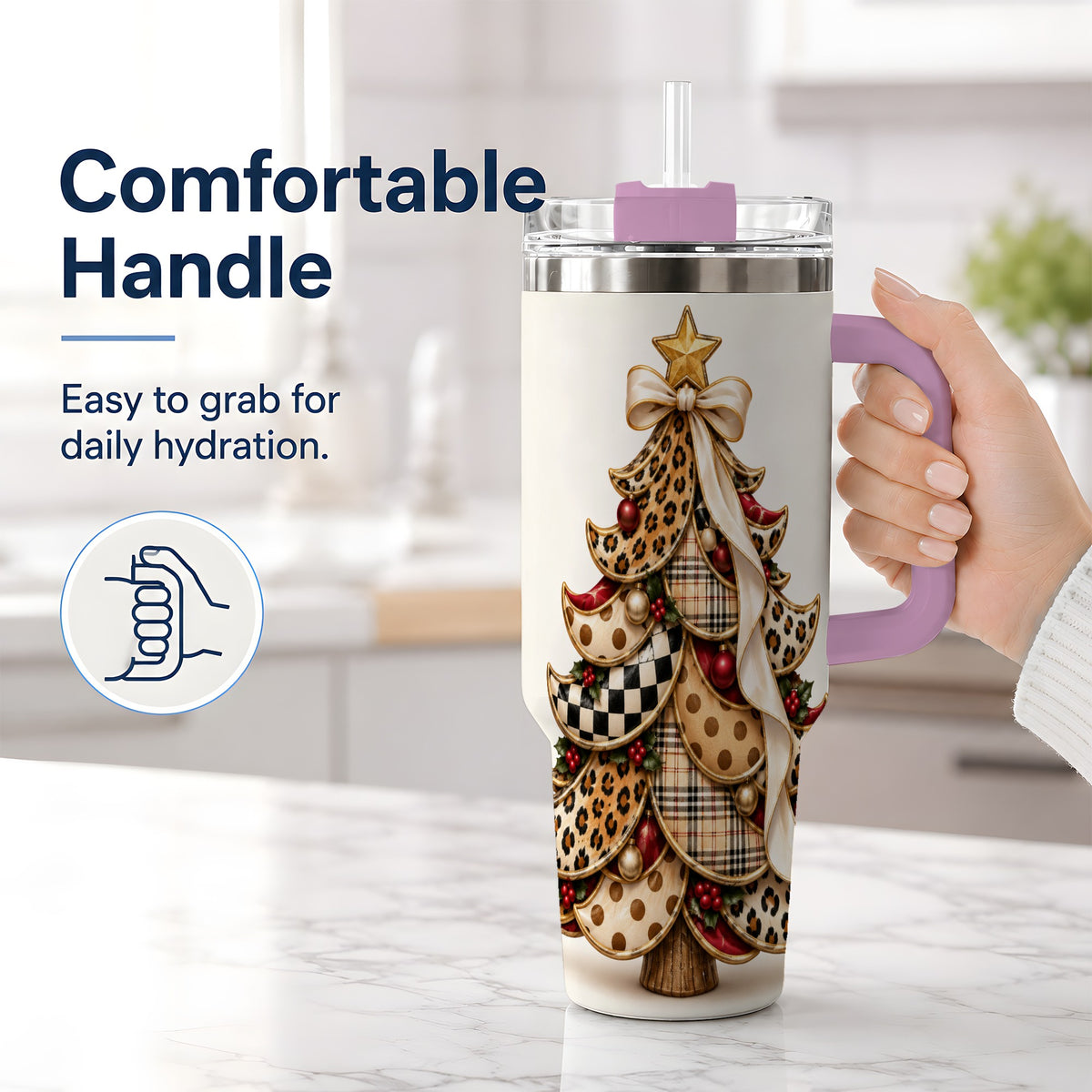 #pl[40oz|Pink] Leopard Print Christmas Tree Handled Tumbler, 40oz Holiday Drinkware
