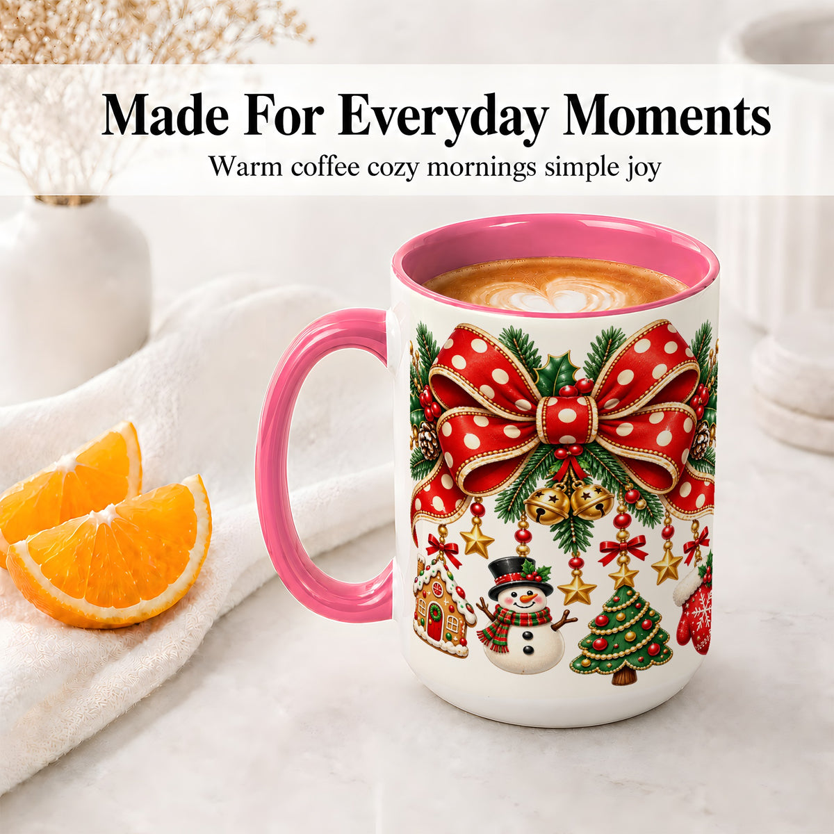 #pl[15oz|Pink] Christmas Bow Ornaments Accent Mug, Ceramic Holiday Coffee Cup