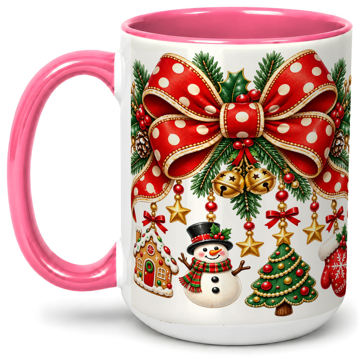 #pl[15oz|Pink] Christmas Bow Ornaments Accent Mug, Ceramic Holiday Coffee Cup