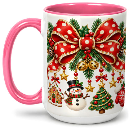 #pl[15oz|Pink] Christmas Bow Ornaments Accent Mug, Ceramic Holiday Coffee Cup