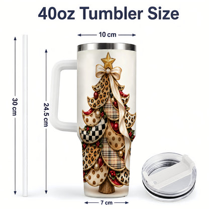 #pl[40oz|White] Leopard Print Christmas Tree Handled Tumbler, 40oz Holiday Drinkware