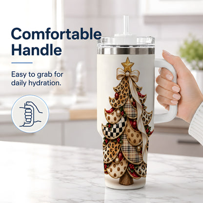 #pl[40oz|White] Leopard Print Christmas Tree Handled Tumbler, 40oz Holiday Drinkware