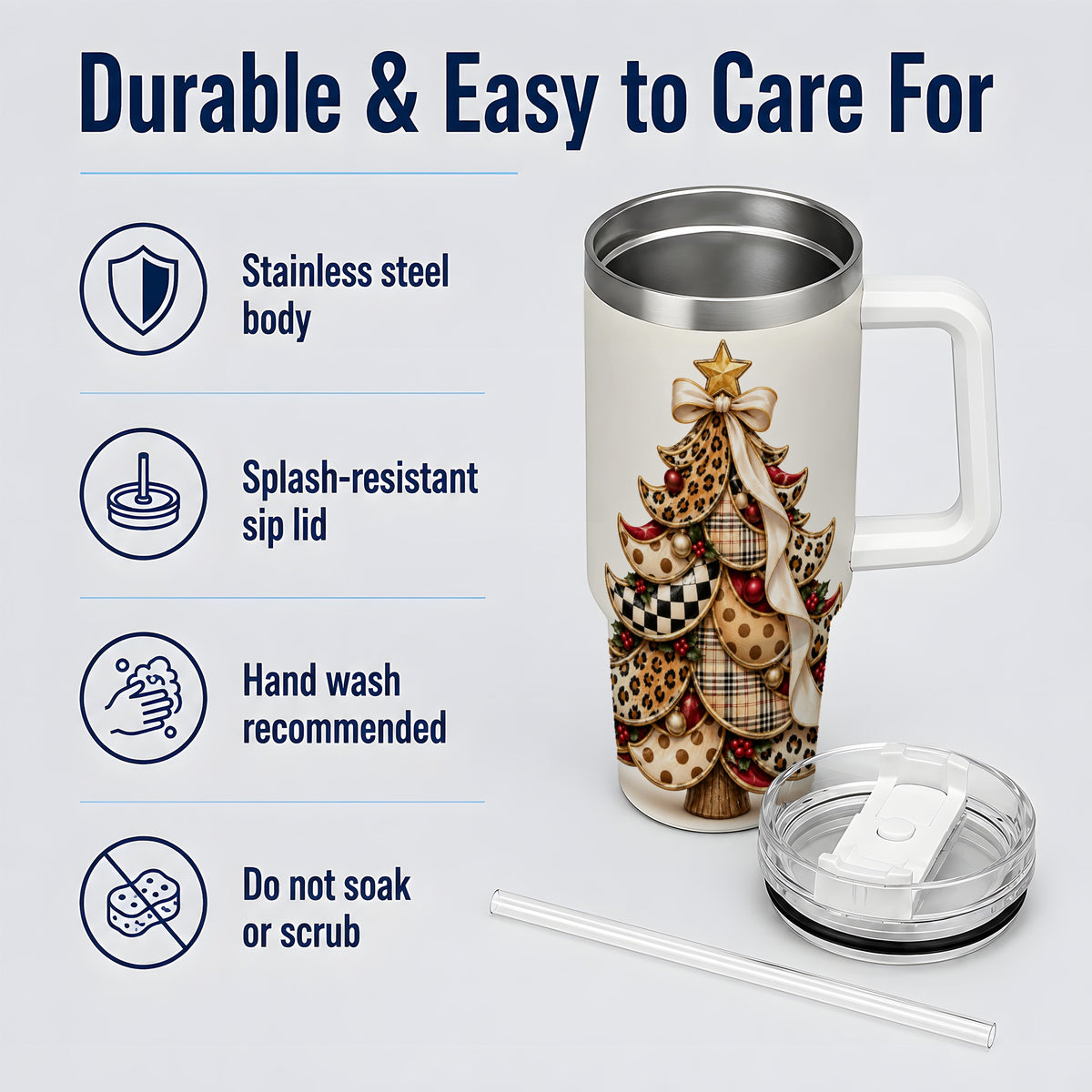 Leopard Print Christmas Tree Handled Tumbler, 40oz Holiday Drinkware