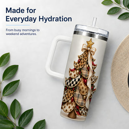 Leopard Print Christmas Tree Handled Tumbler, 40oz Holiday Drinkware