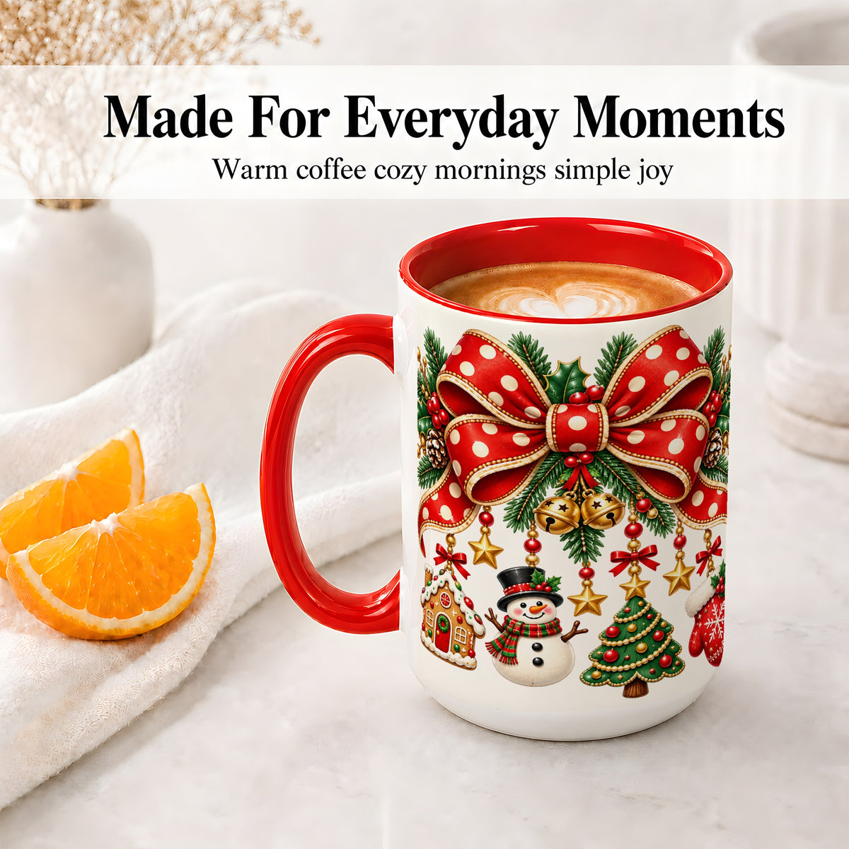 #pl[15oz|Red] Christmas Bow Ornaments Accent Mug, Ceramic Holiday Coffee Cup
