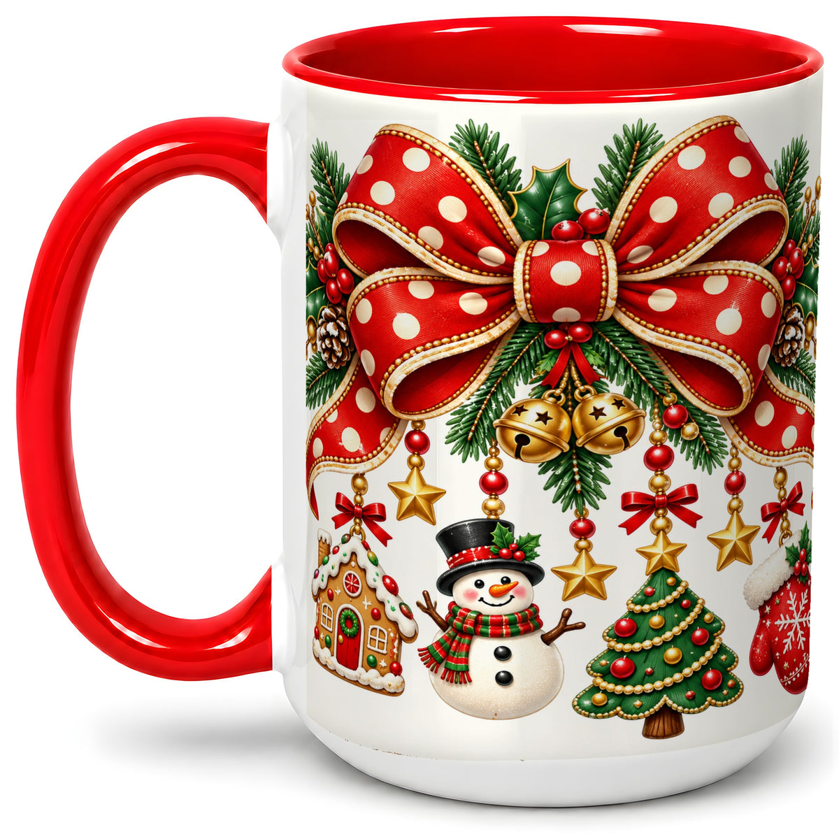 #pl[15oz|Red] Christmas Bow Ornaments Accent Mug, Ceramic Holiday Coffee Cup