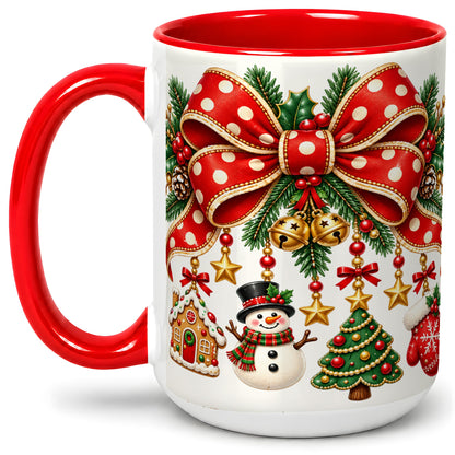#pl[15oz|Red] Christmas Bow Ornaments Accent Mug, Ceramic Holiday Coffee Cup