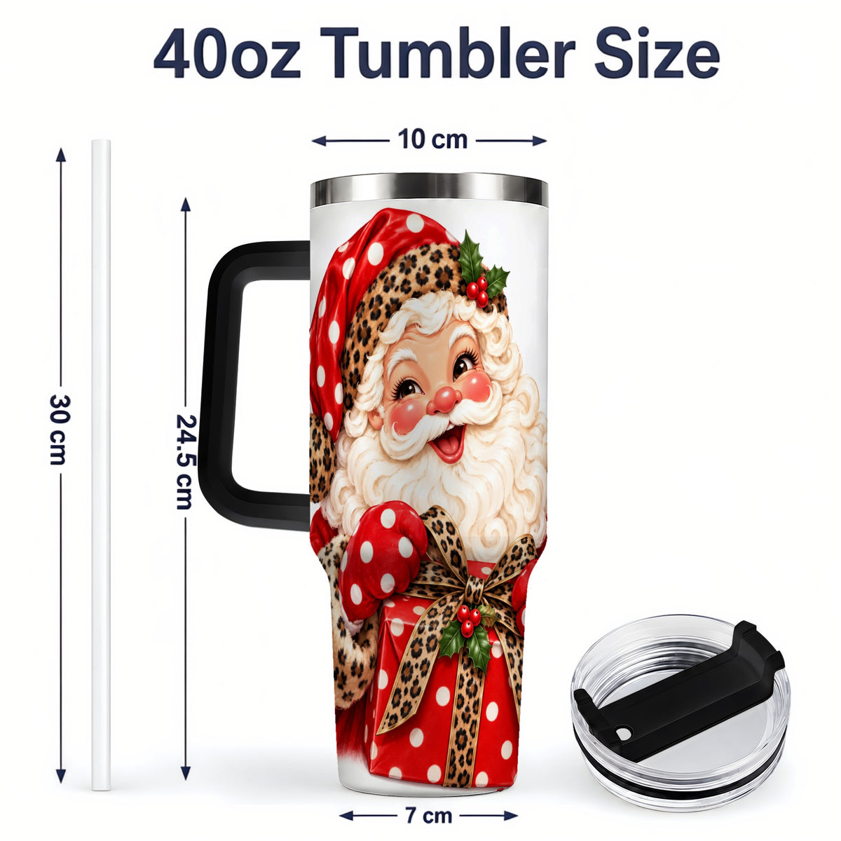 #pl[40oz|Black] Leopard Print Santa Handled Tumbler, 40oz Christmas Drinkware