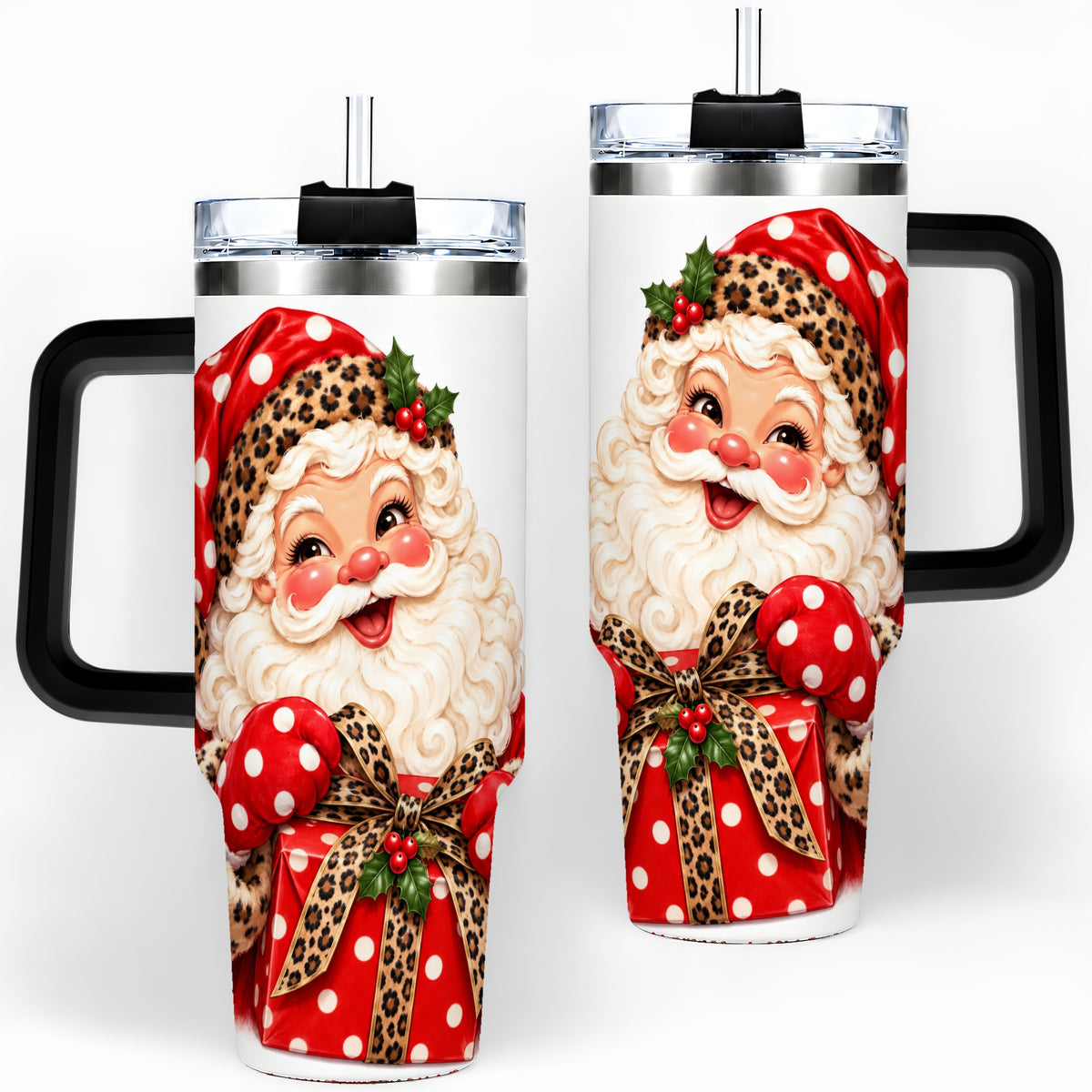 #pl[40oz|Black] Leopard Print Santa Handled Tumbler, 40oz Christmas Drinkware