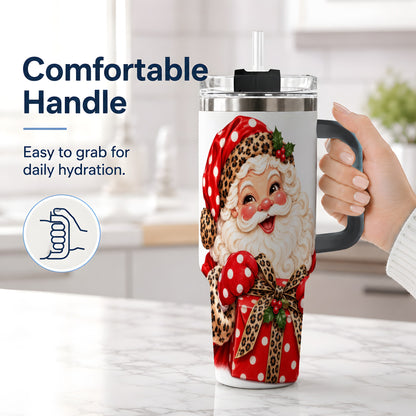 #pl[40oz|Black] Leopard Print Santa Handled Tumbler, 40oz Christmas Drinkware
