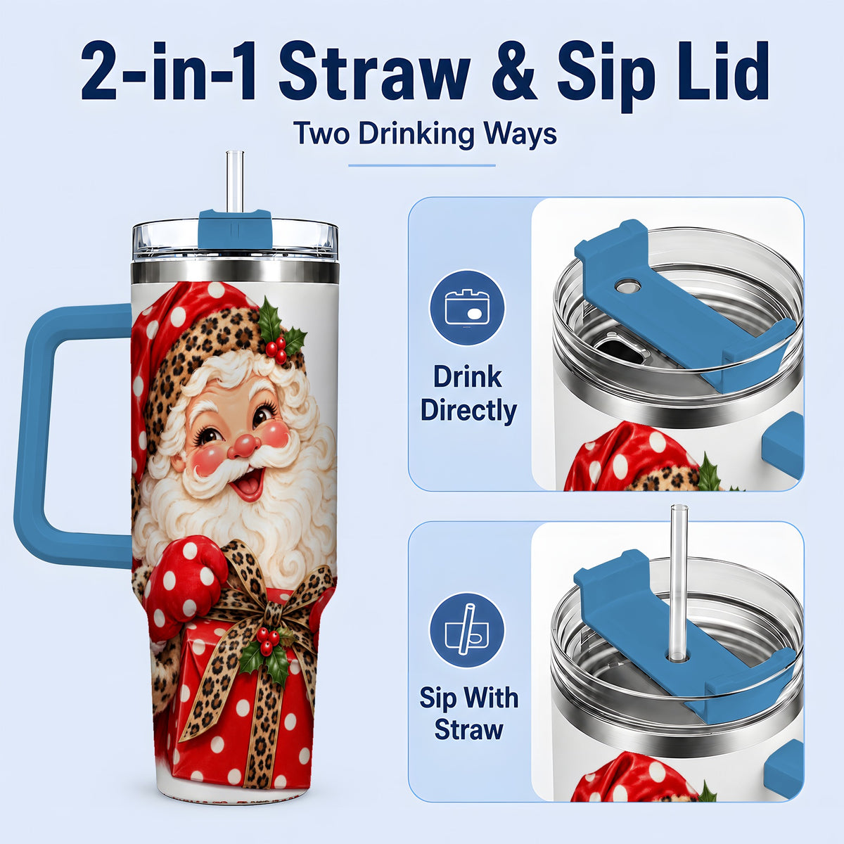 #pl[40oz|Blue] Leopard Print Santa Handled Tumbler, 40oz Christmas Drinkware