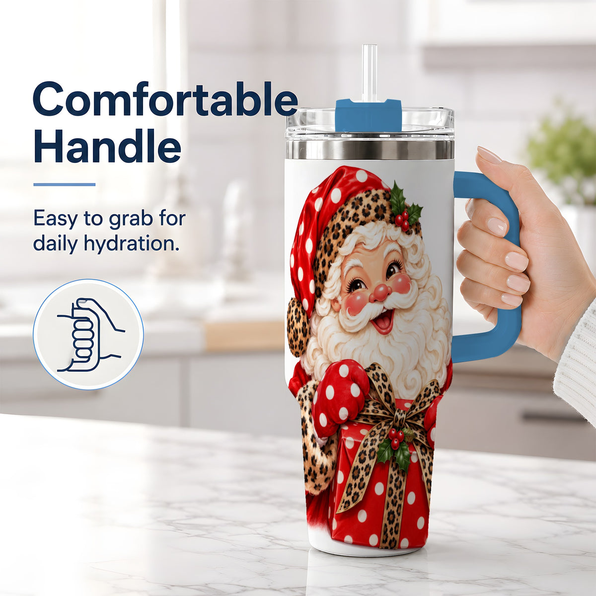 #pl[40oz|Blue] Leopard Print Santa Handled Tumbler, 40oz Christmas Drinkware