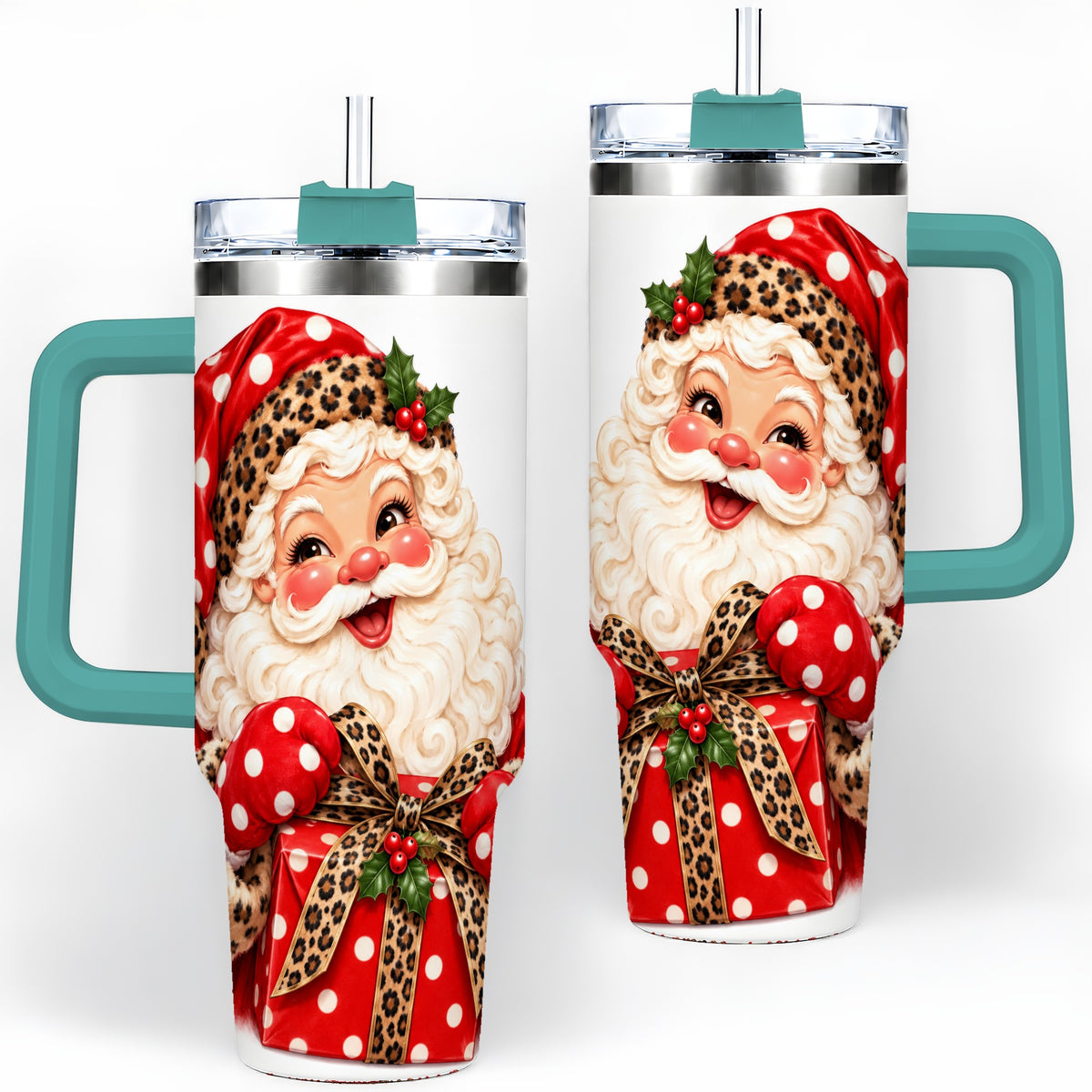 #pl[40oz|Green] Leopard Print Santa Handled Tumbler, 40oz Christmas Drinkware