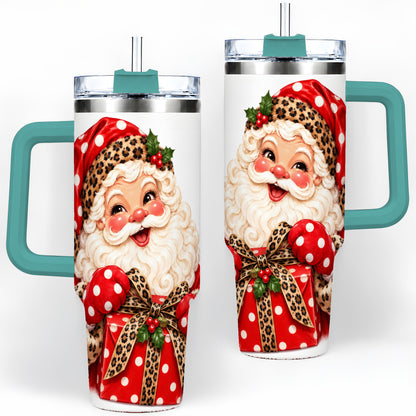 #pl[40oz|Green] Leopard Print Santa Handled Tumbler, 40oz Christmas Drinkware