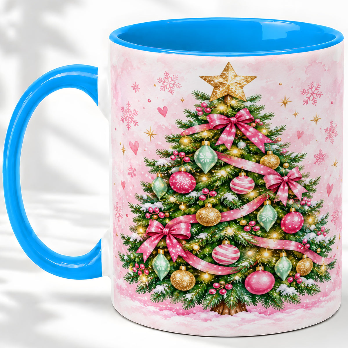 #pl[11oz|Blue] Pink Christmas Tree Accent Mug, Ceramic Coffee Cup with Ornaments