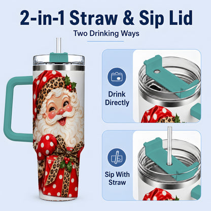 #pl[40oz|Green] Leopard Print Santa Handled Tumbler, 40oz Christmas Drinkware