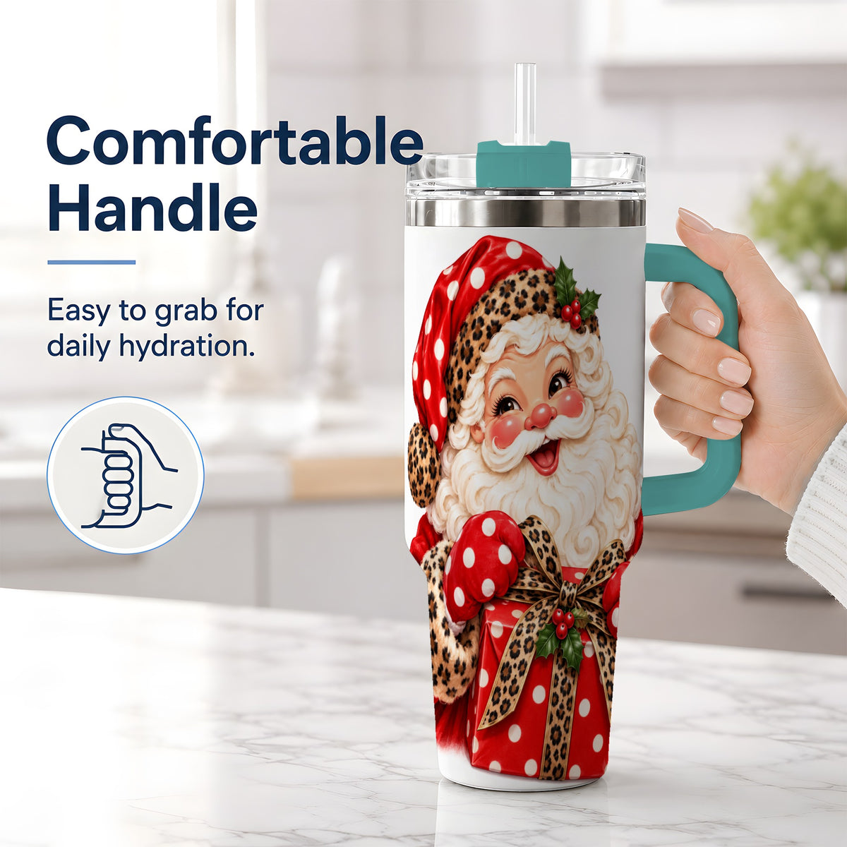 #pl[40oz|Green] Leopard Print Santa Handled Tumbler, 40oz Christmas Drinkware