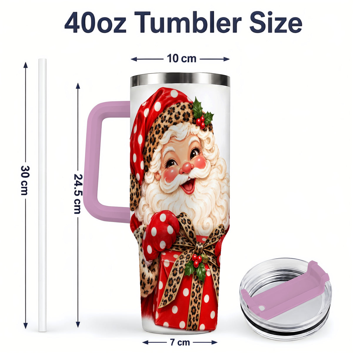 #pl[40oz|Pink] Leopard Print Santa Handled Tumbler, 40oz Christmas Drinkware