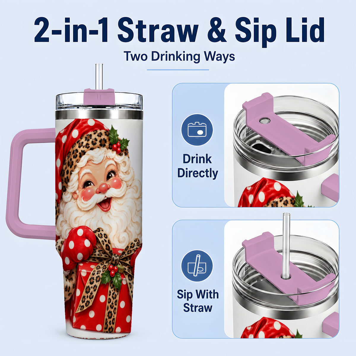 #pl[40oz|Pink] Leopard Print Santa Handled Tumbler, 40oz Christmas Drinkware
