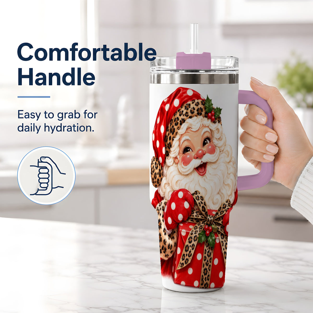 #pl[40oz|Pink] Leopard Print Santa Handled Tumbler, 40oz Christmas Drinkware