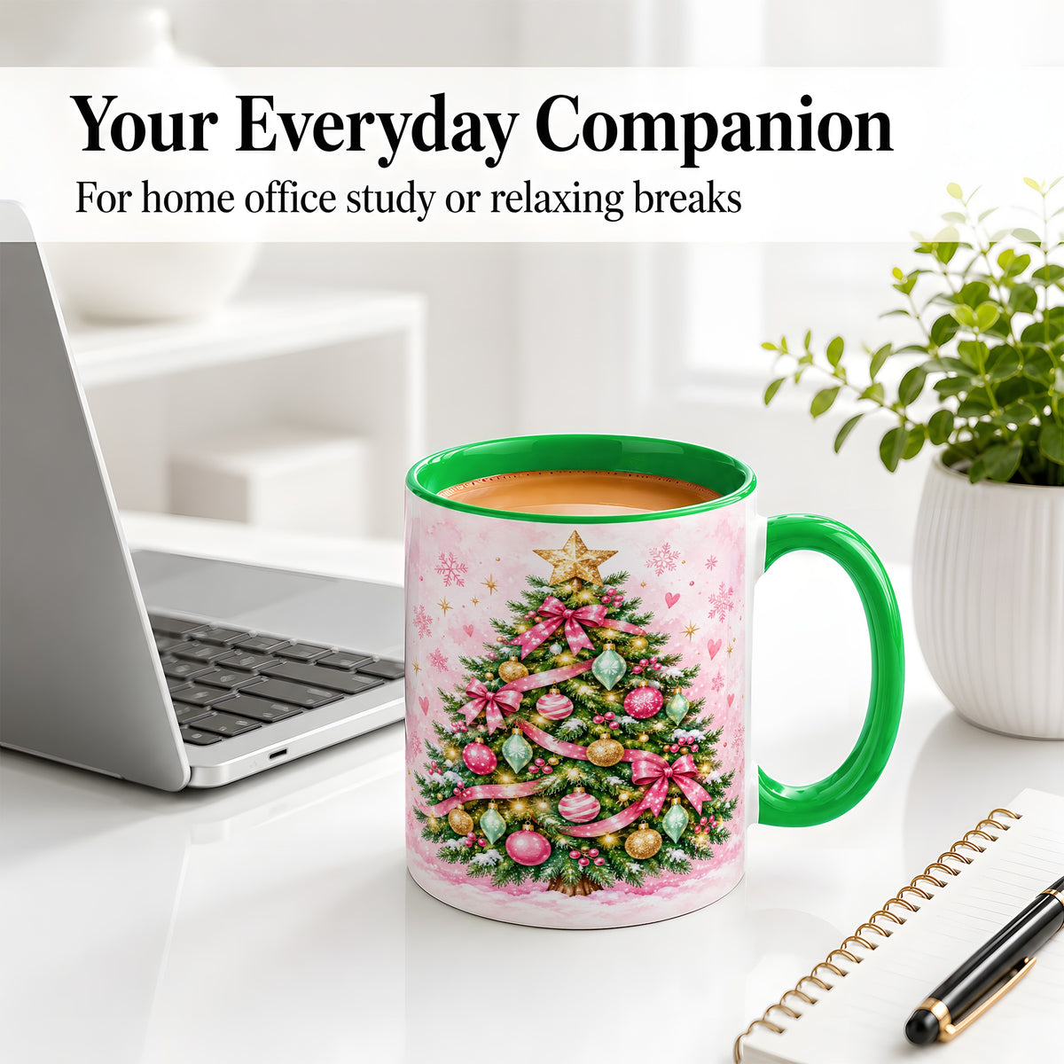 #pl[11oz|Green] Pink Christmas Tree Accent Mug, Ceramic Coffee Cup with Ornaments