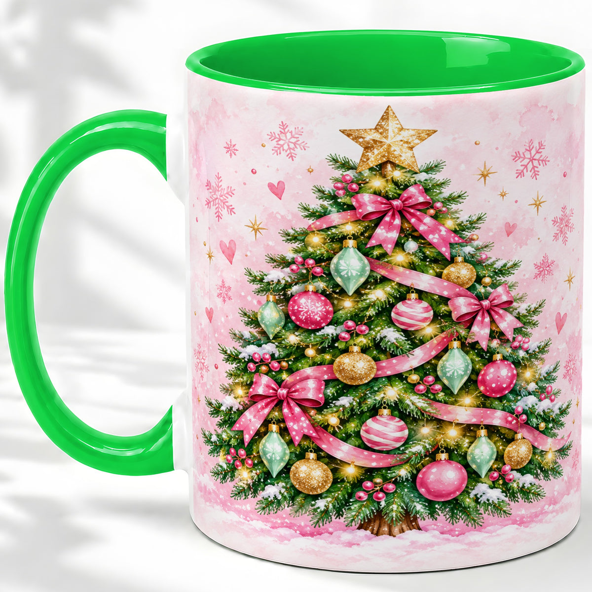 #pl[11oz|Green] Pink Christmas Tree Accent Mug, Ceramic Coffee Cup with Ornaments