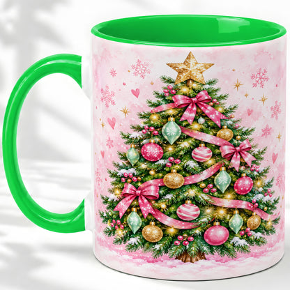 #pl[11oz|Green] Pink Christmas Tree Accent Mug, Ceramic Coffee Cup with Ornaments